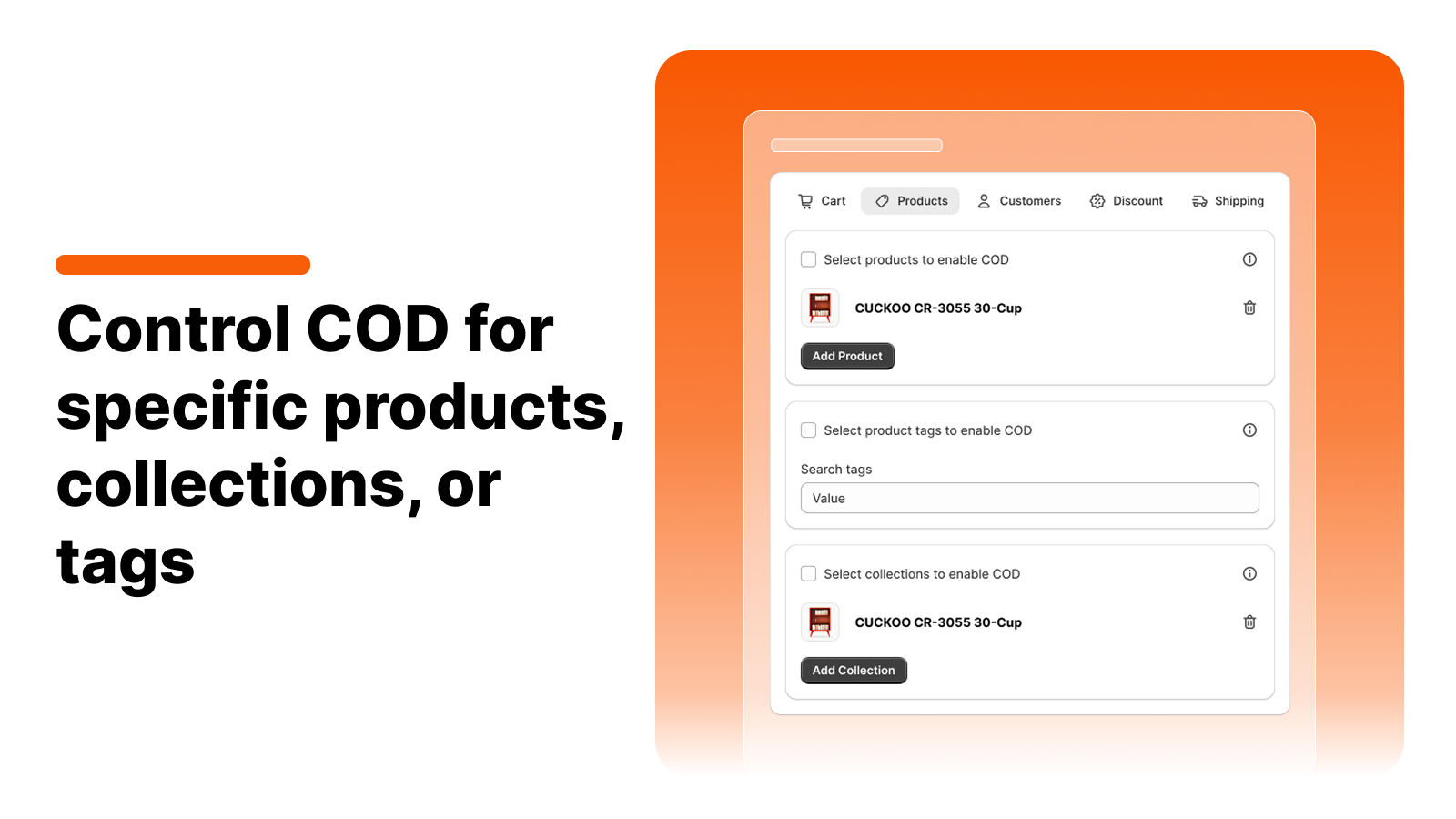 Control COD for specific products, collections, or tags