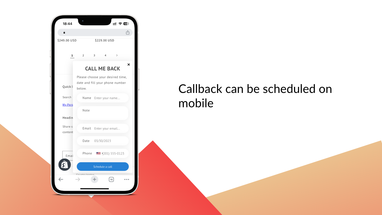 Call back request submitted from mobile phone