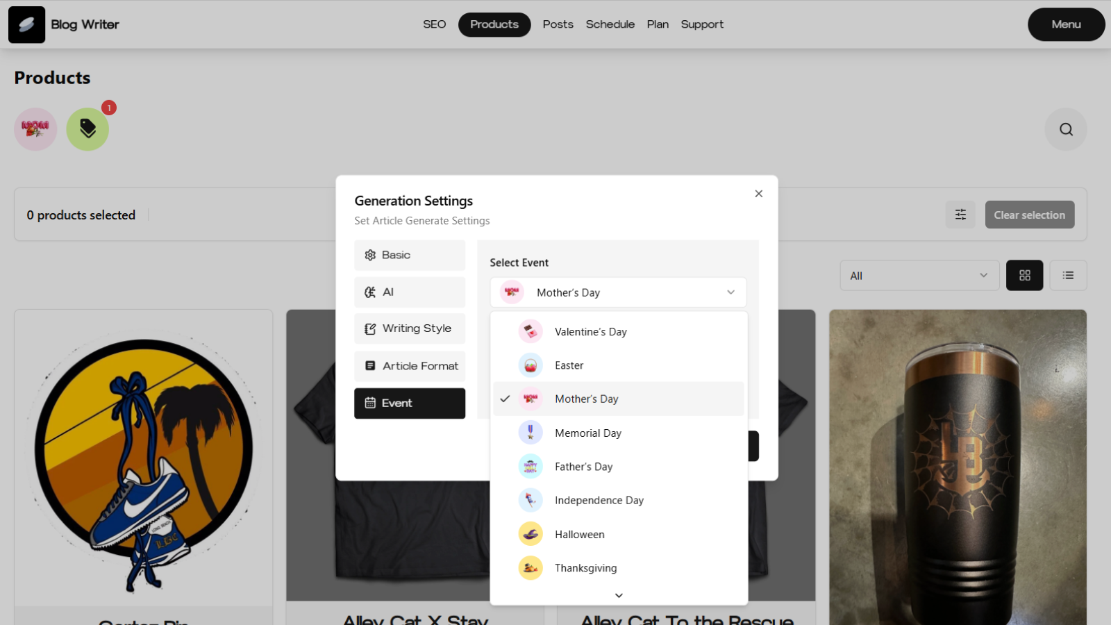 Blog Writer Settings - Events