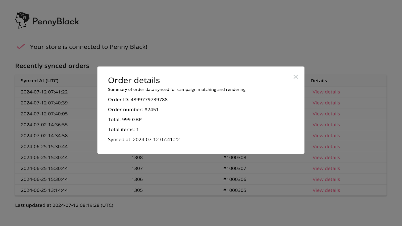 View a summary of the order details synced to Penny Black