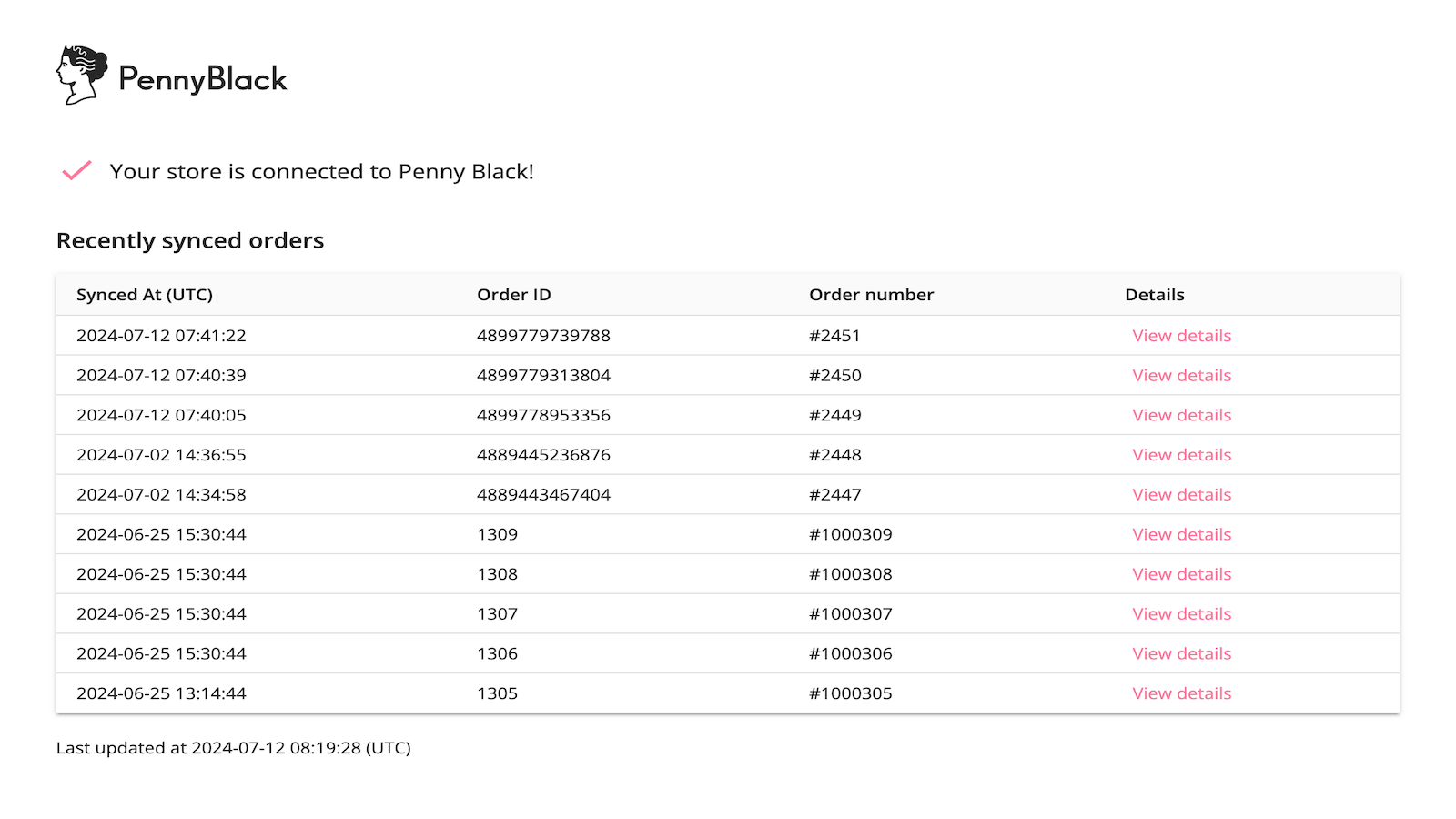 View orders that have recently been synced to Penny Black