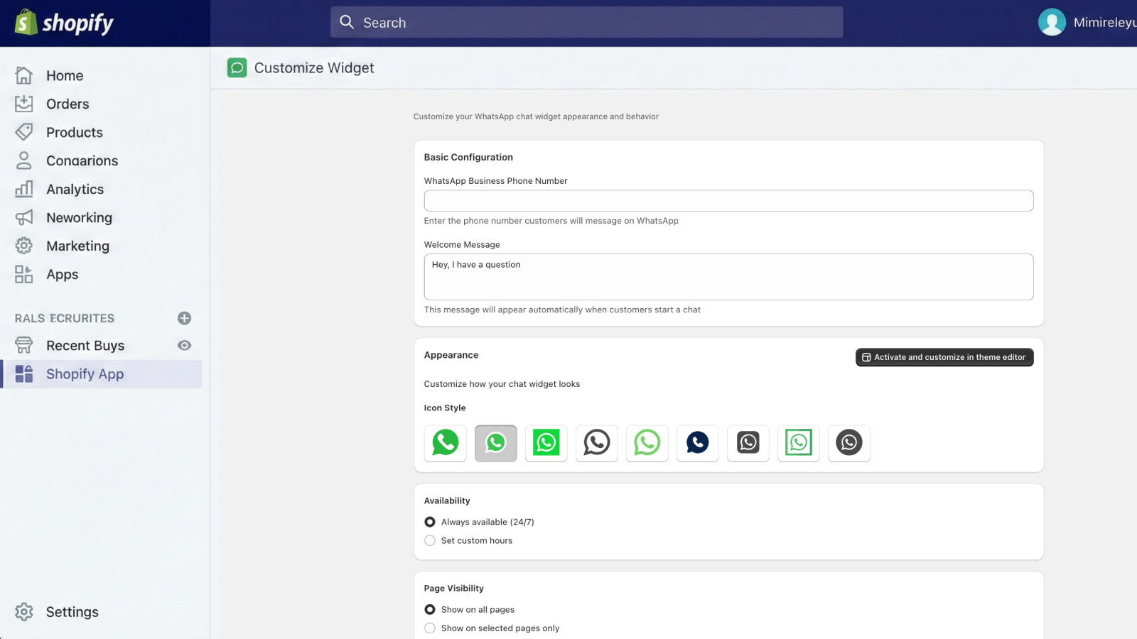 Customizing the WhatsApp widget's style, color, and welcome mess