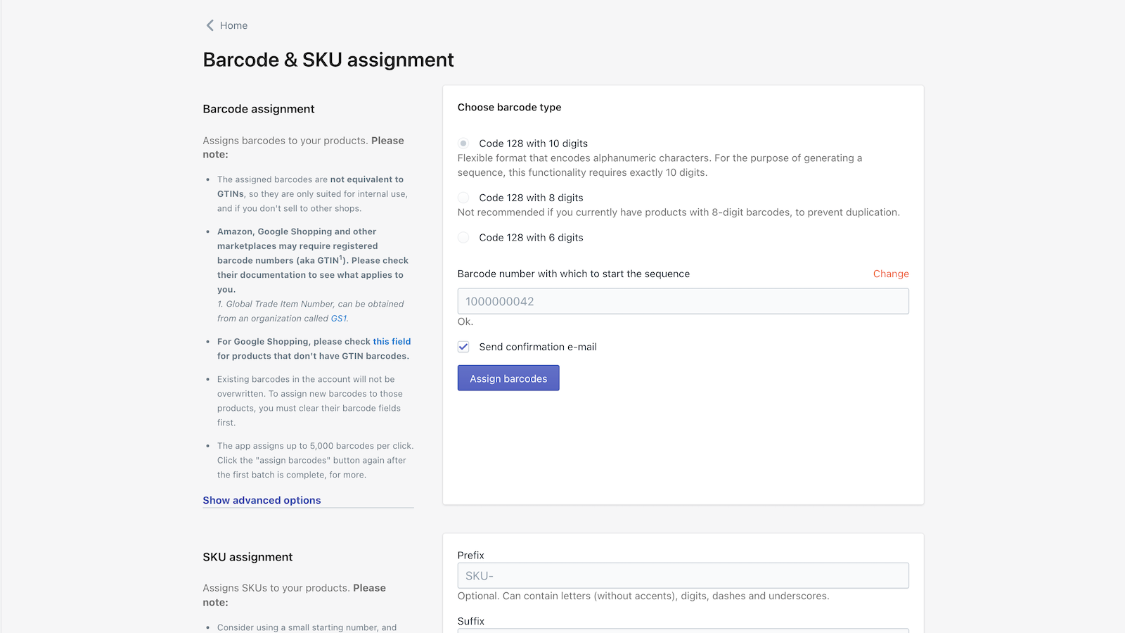 Barcode and SKU assignment