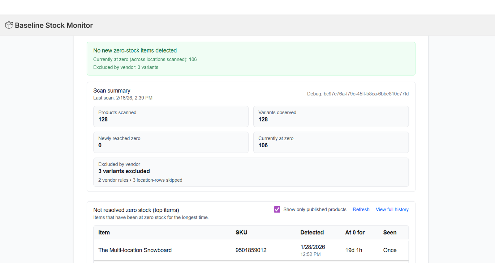 app home page showing scan results and event summary card
