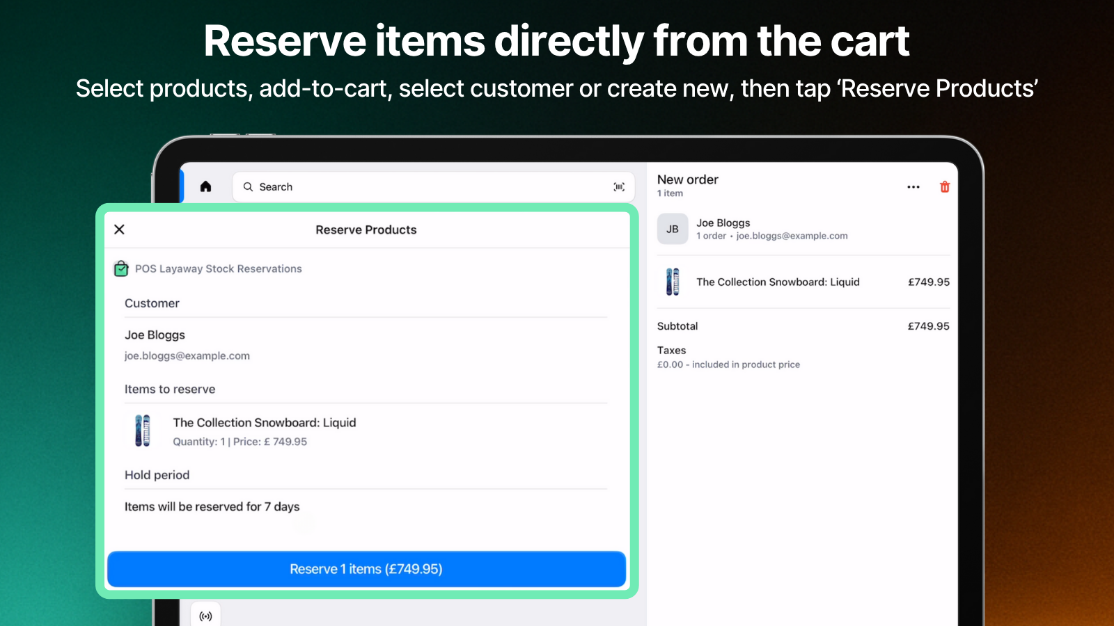 Confirm Reserve item screen in Shopify POS layaway app