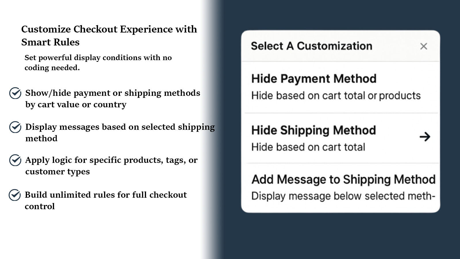 Payment and shipping rules with customizable conditions