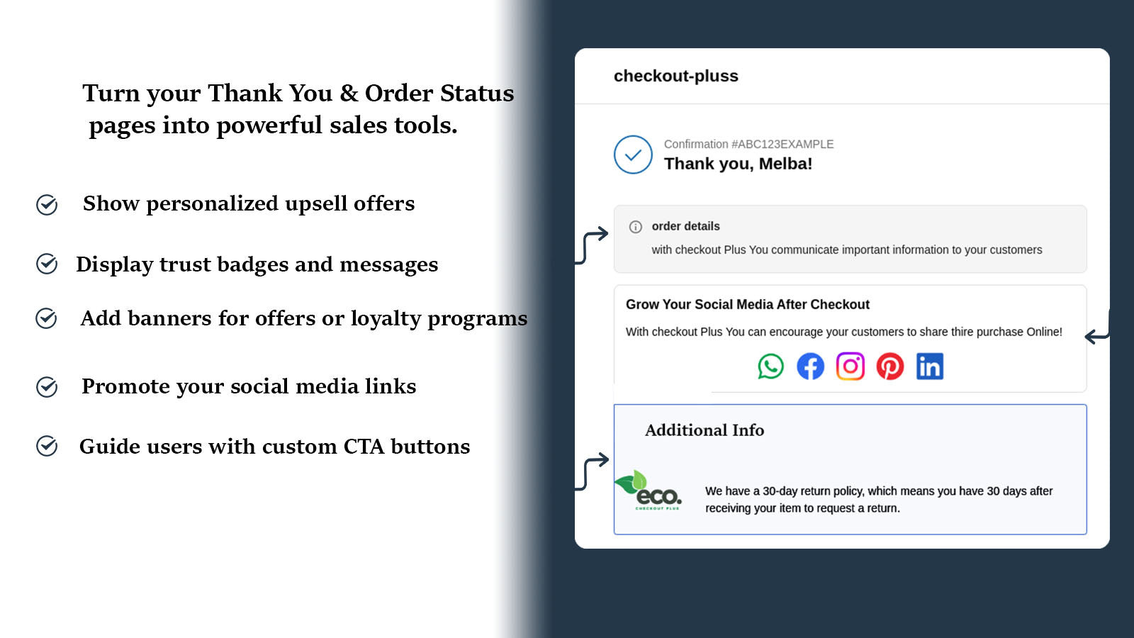 Thank You page with upsell, testimonials, and social sharing