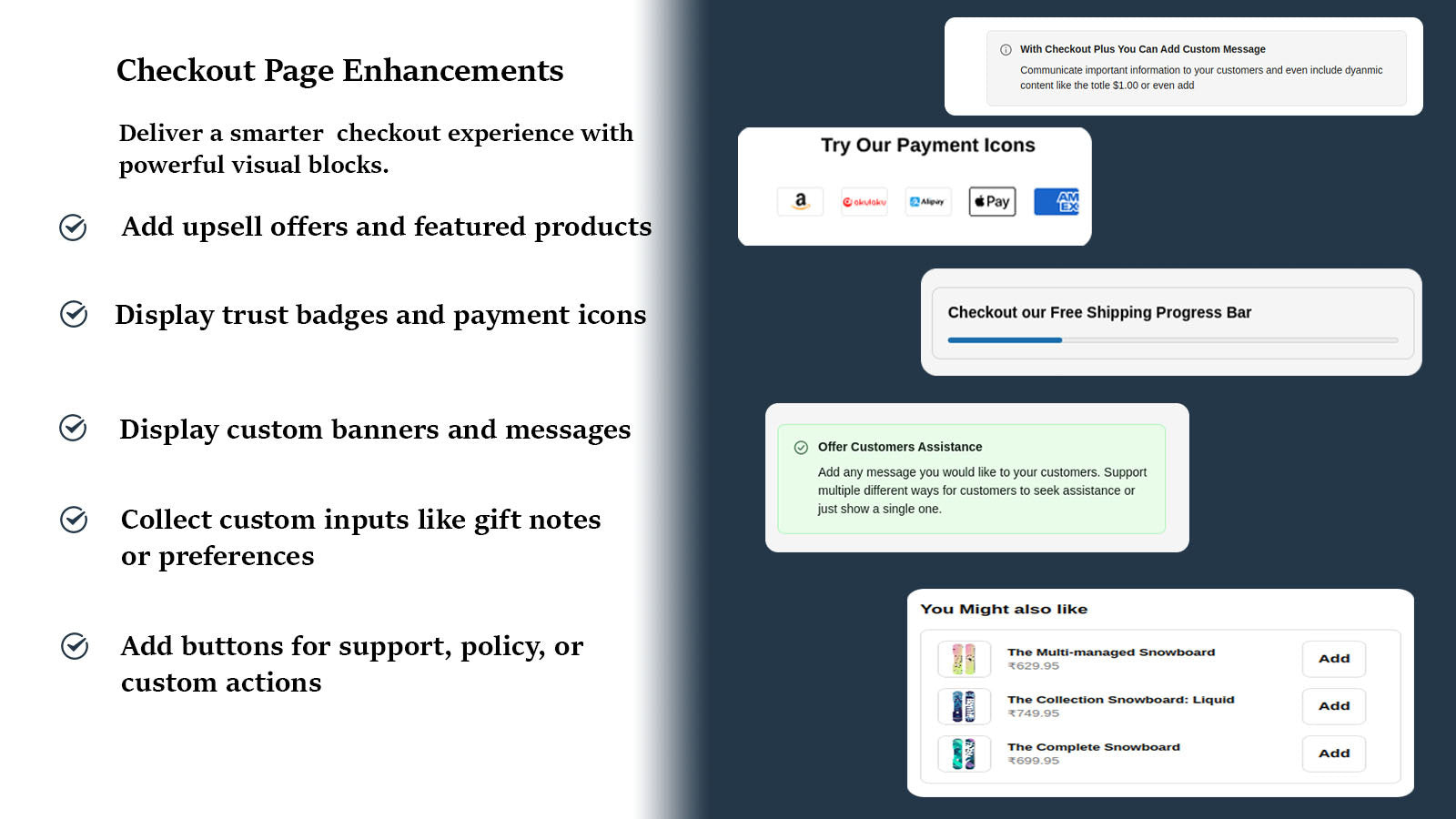 Checkout page blocks with upsells, badges, and banners