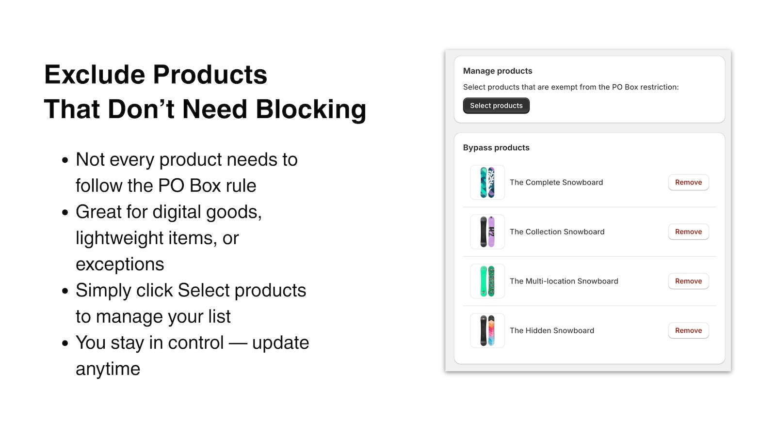 Select products that bypass PO Box blocking
