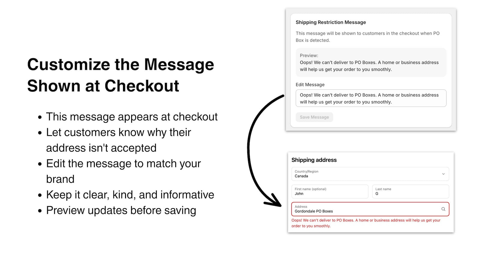 Edit custom PO Box warning message for checkout