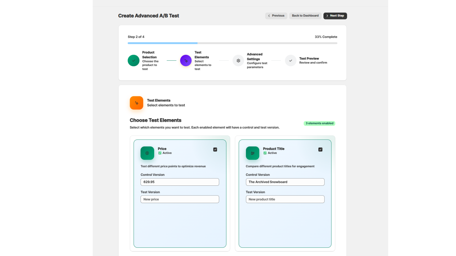 Set up powerful multi-element tests in minutes and compare multi