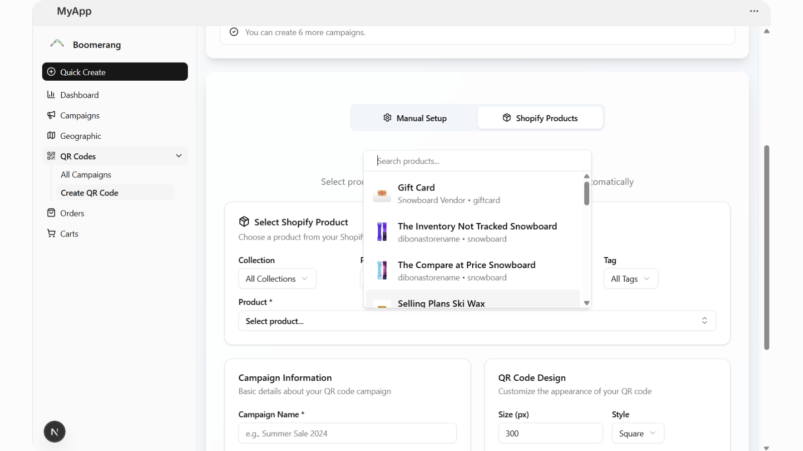 Create QR Code Campaign manually or from Shopify store product