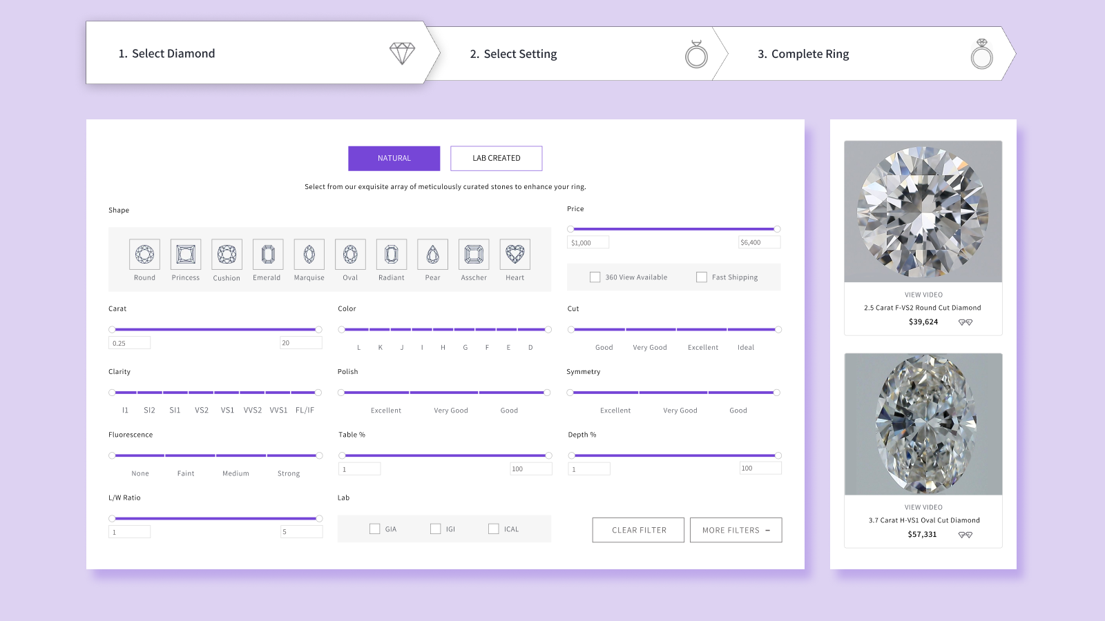 Diamond and Stone Advanced Filter with Sort Options