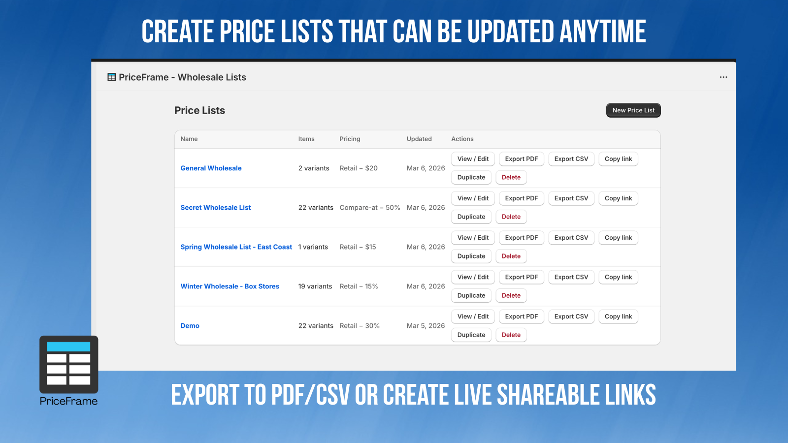 Saved price lists