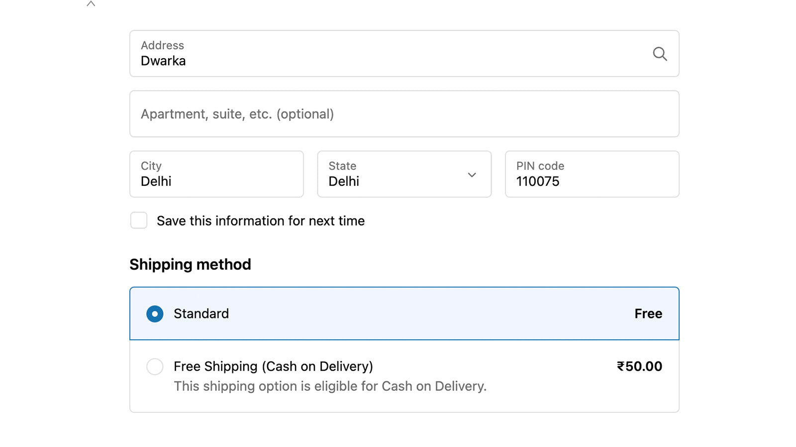 Whitelisted pin code showing COD option