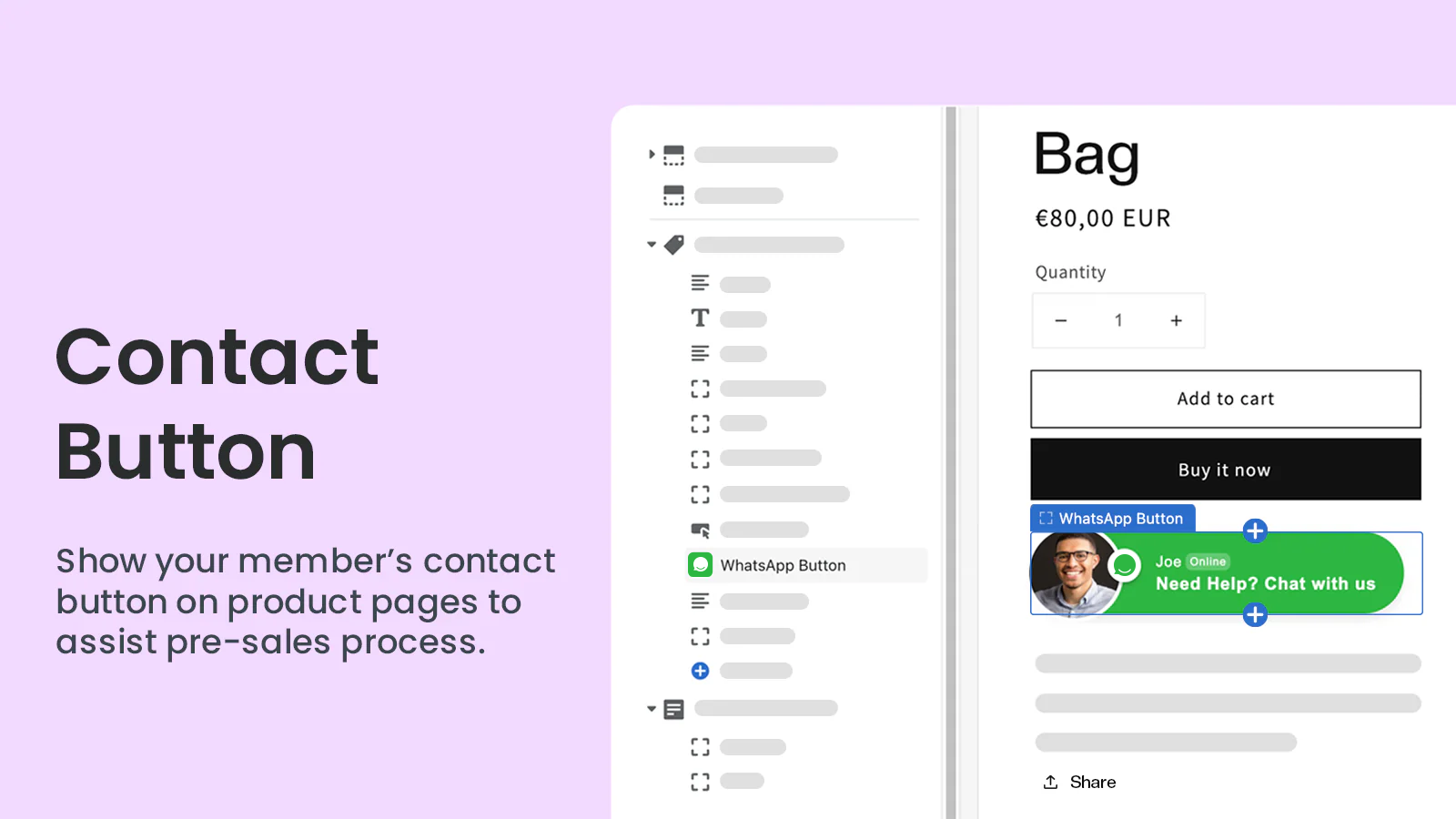 Design and drag & drop click-to-contact button on product page
