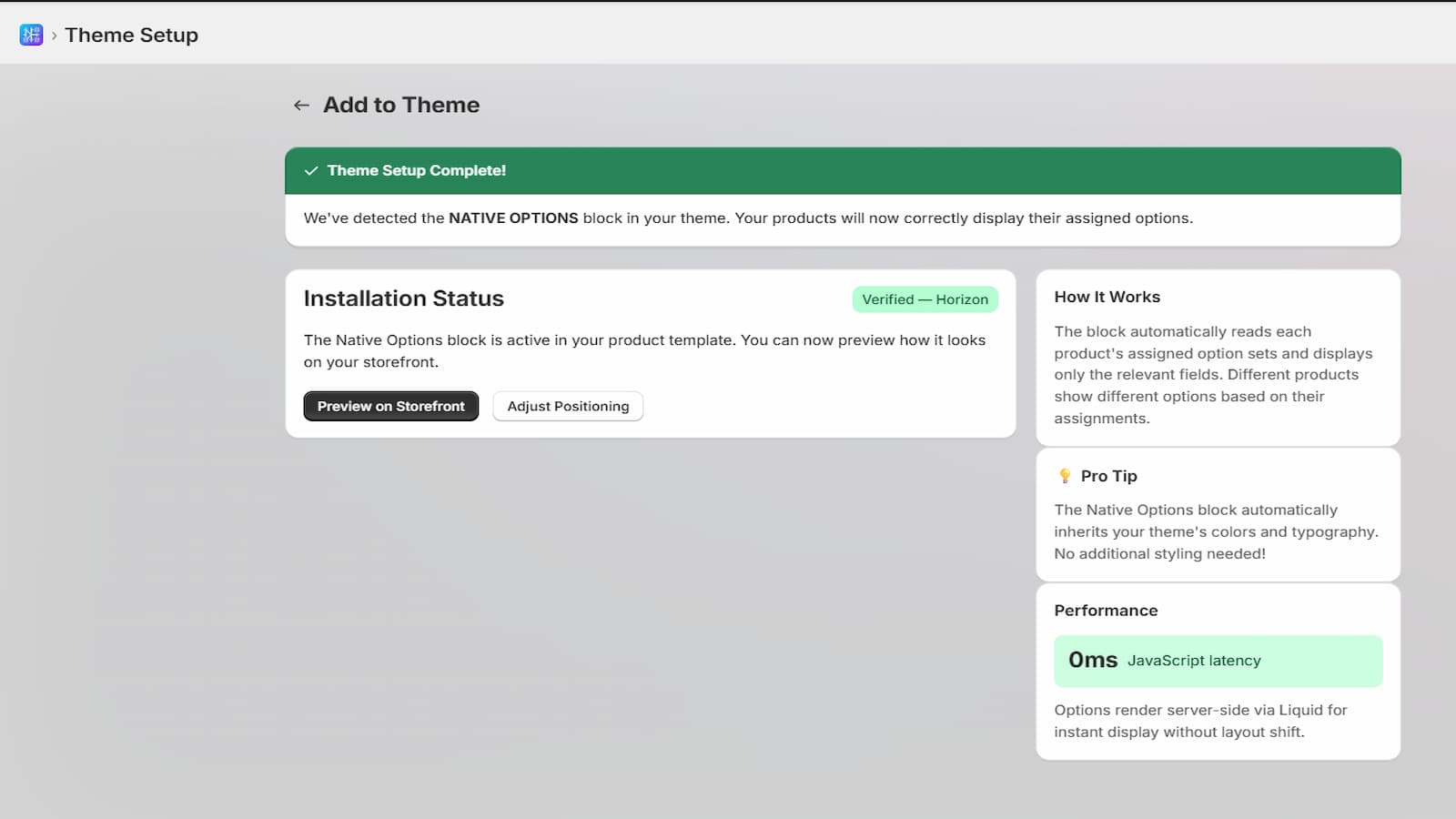 Add to Theme - native options