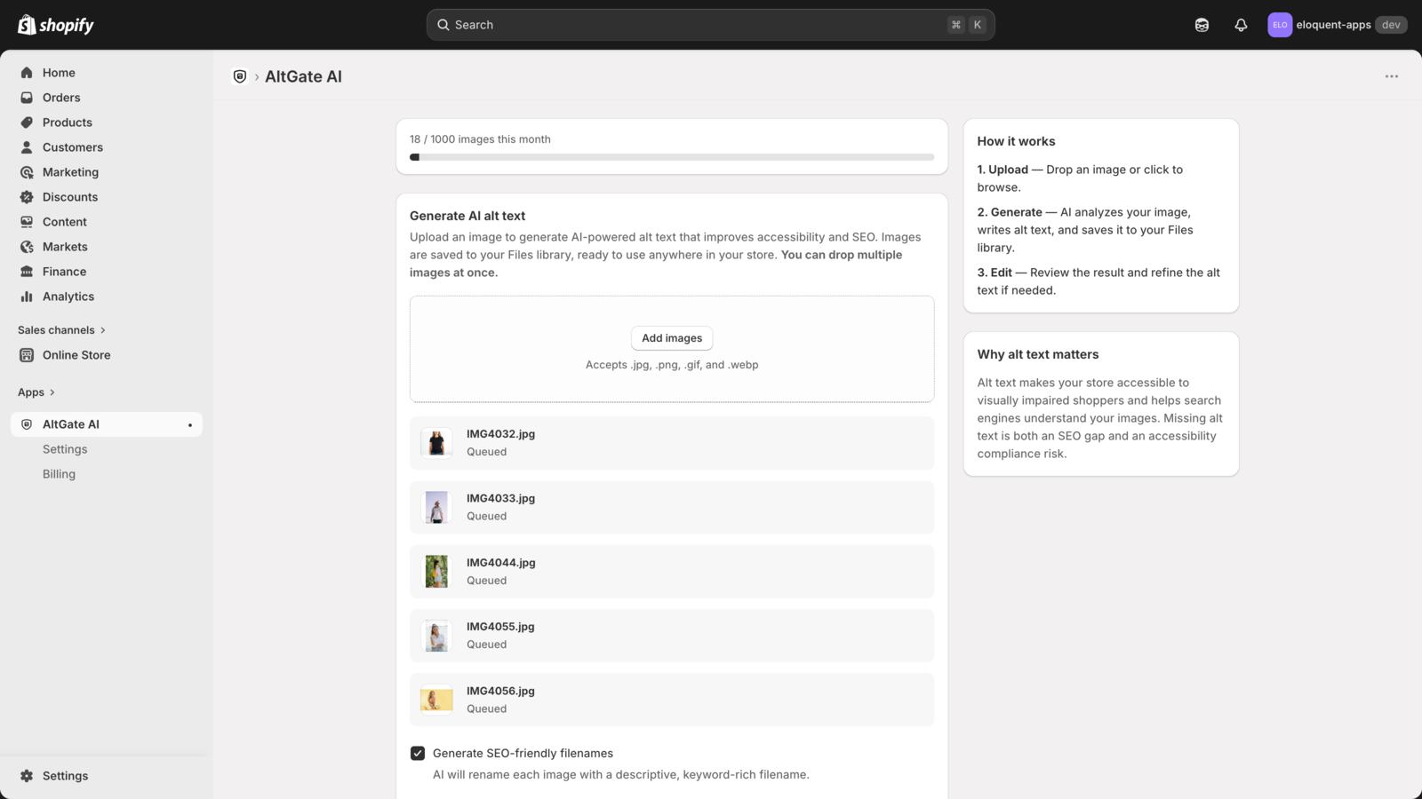 Bulk upload with SEO filename option enabled in Pro