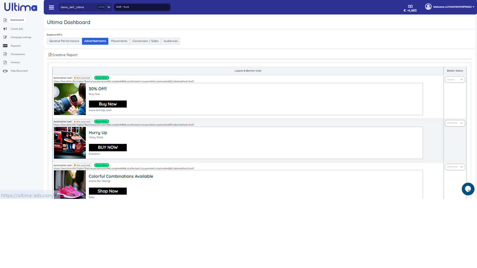 Dashboard showing Creatives & Bidder Status