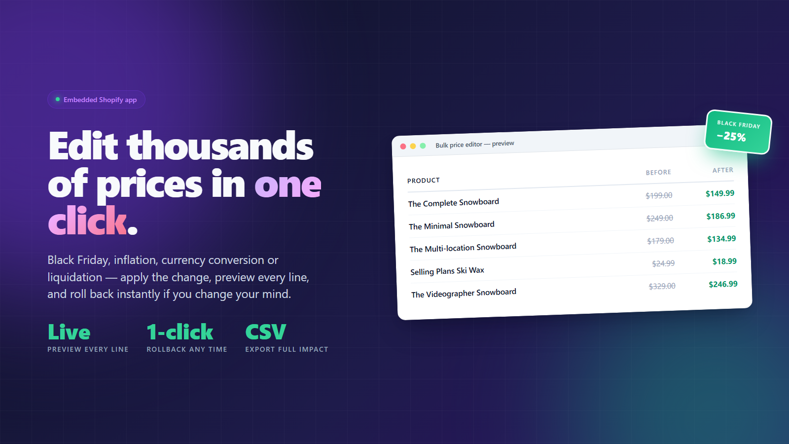 Bulk Price Editor dashboard with live preview
