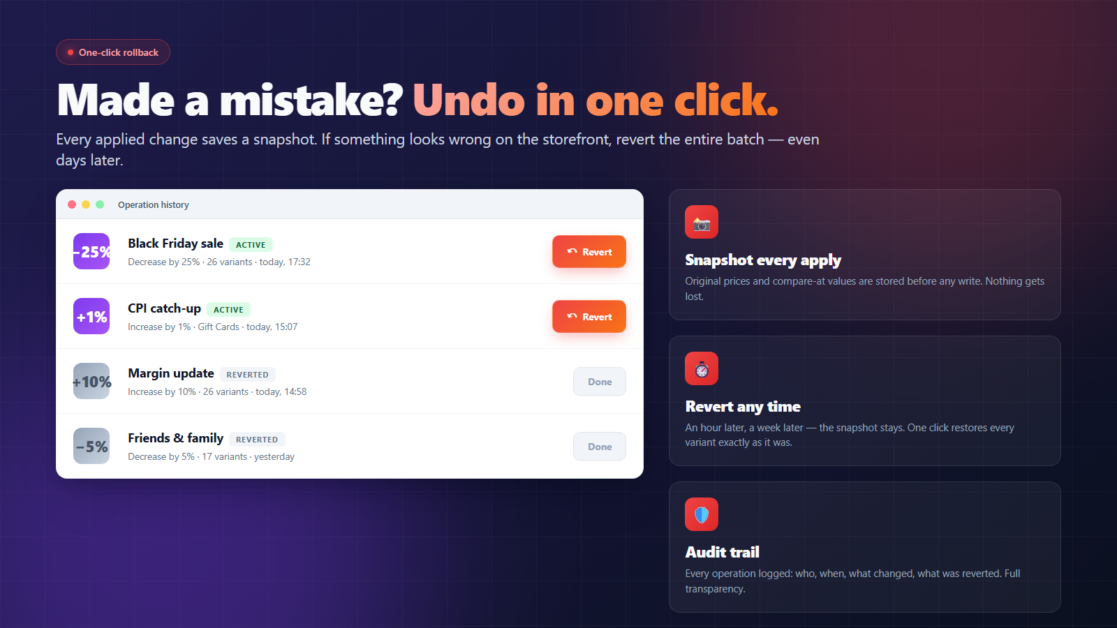Operation history with one-click revert