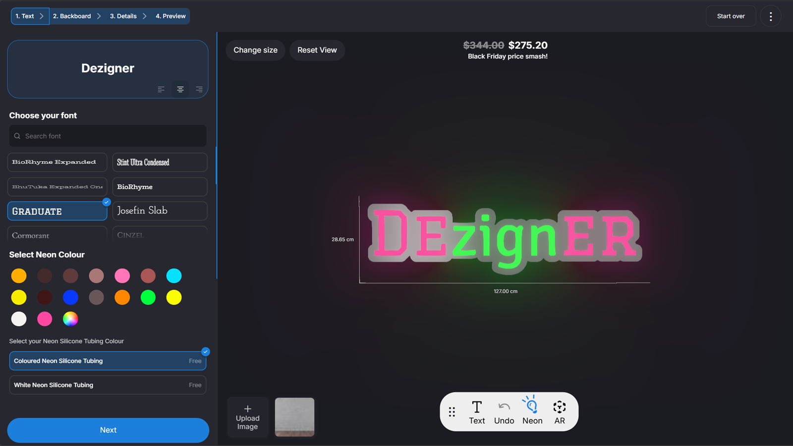 Text to neon design canvas text styling page