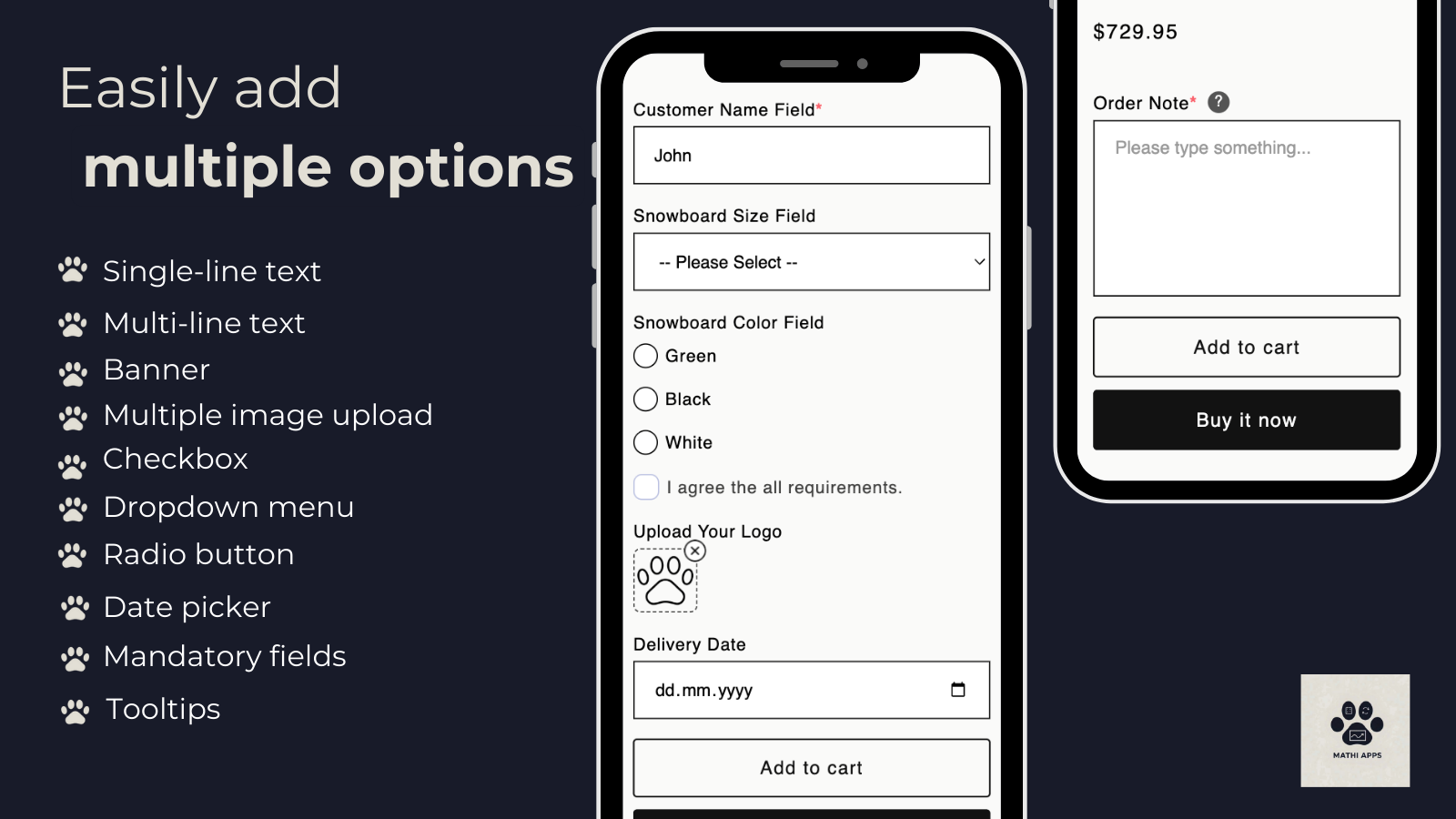 product personalizer, personalisation, date picker, text fields