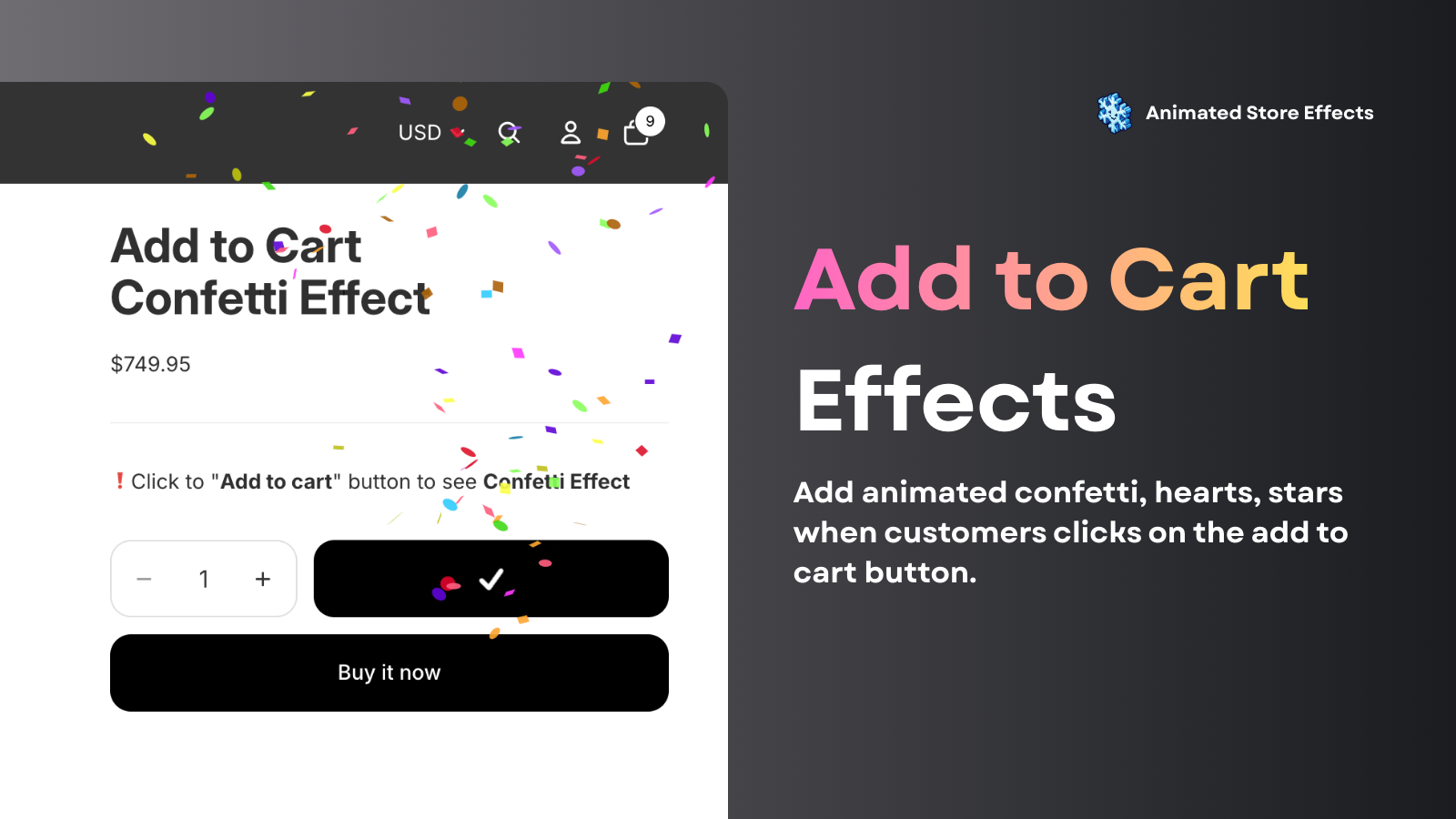 animated confetti, hearts, stars on add to cart button