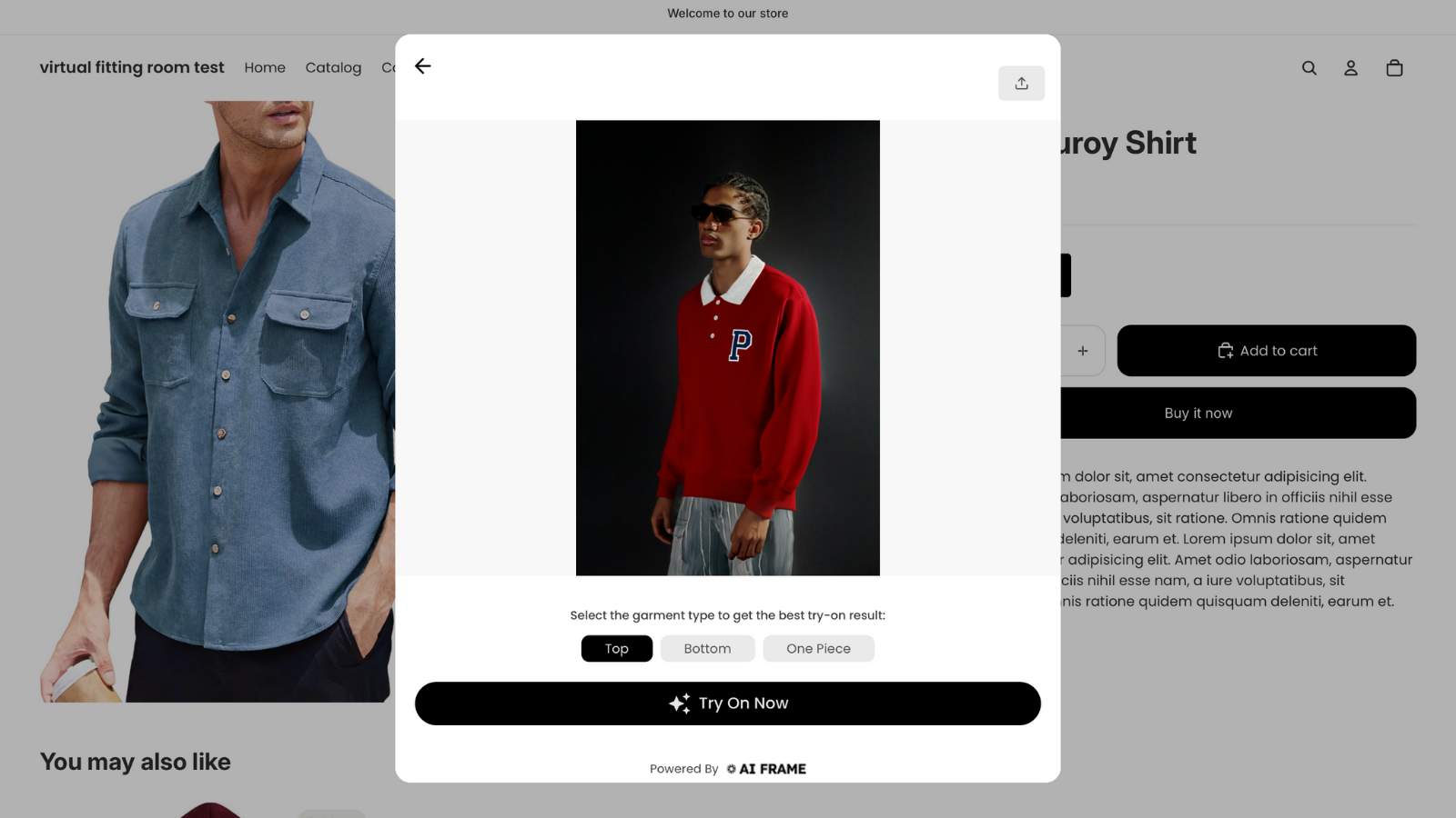 Hit "generate" to start virtual try-on. Any garment type!