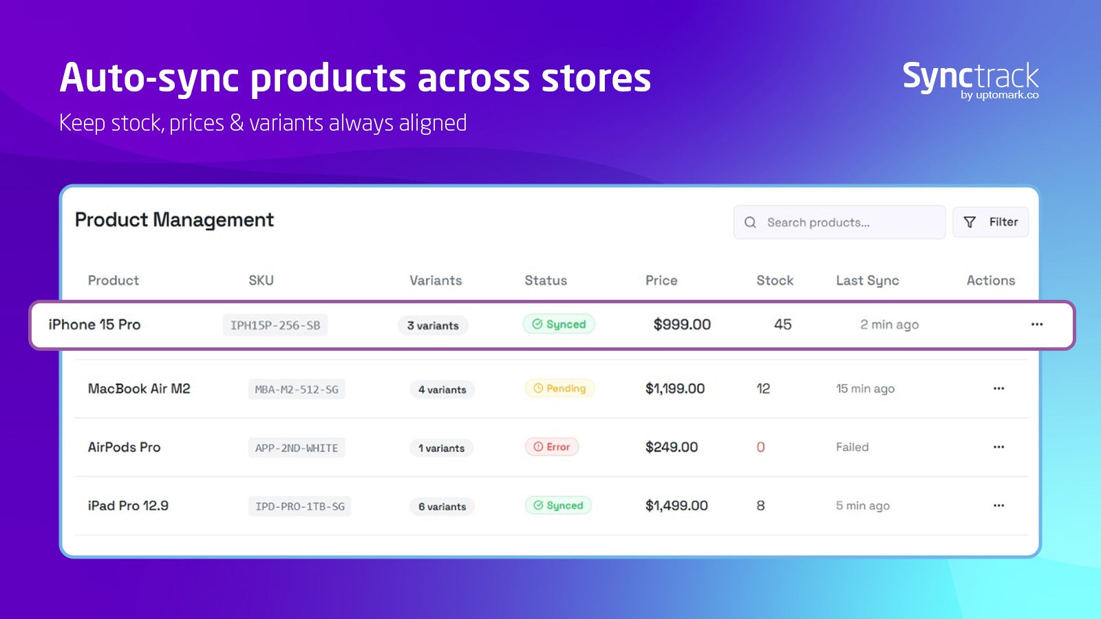 SyncTrack settings page where merchants connect multiple Shopify