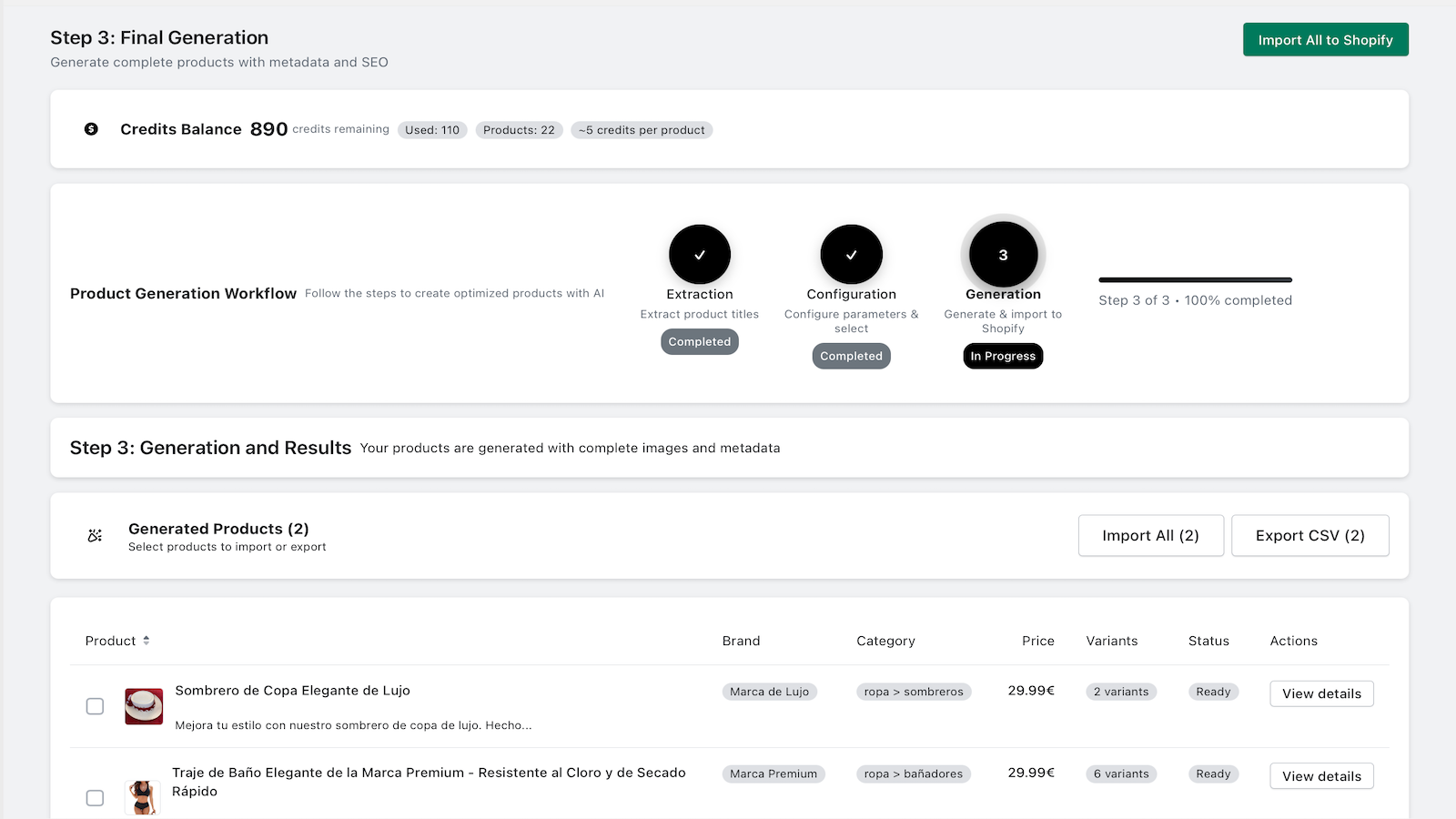 Import generated AI products with image and variants