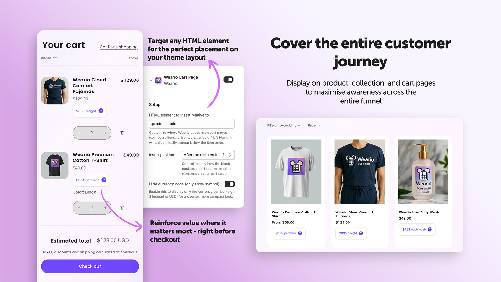 Display on product, collection, and cart pages for awareness