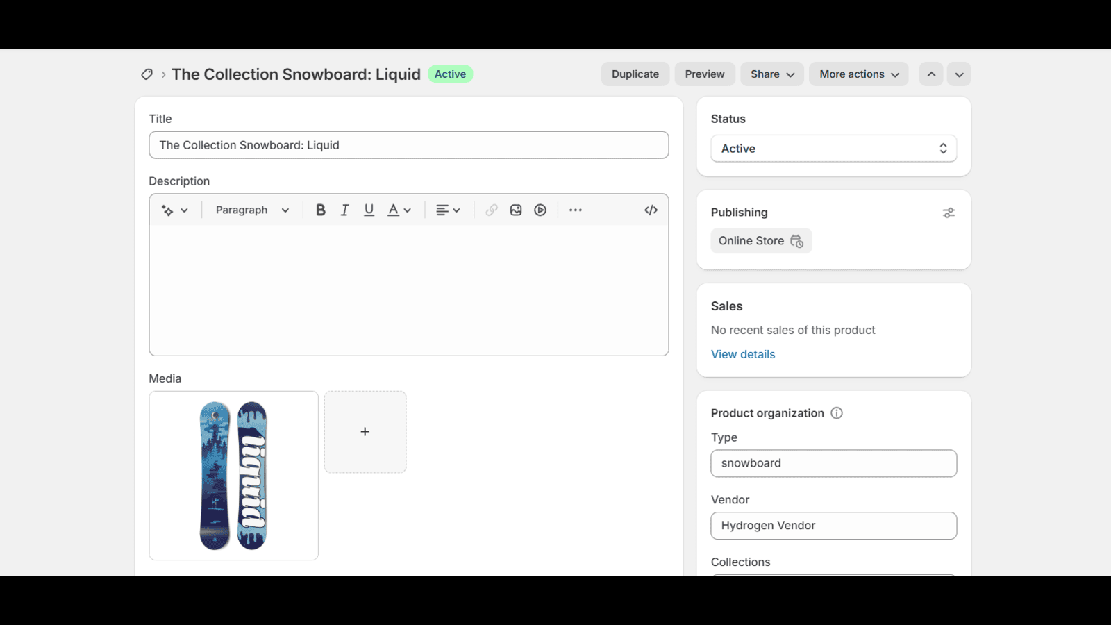 Shopify Product View page with product info, media, and status.