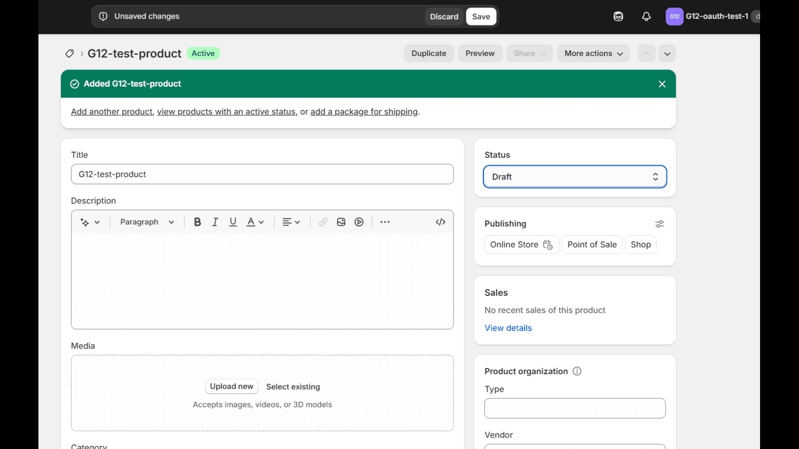 Shopify product update page with product details.
