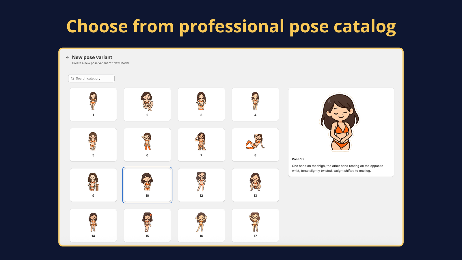 Pose catalog interface to select model poses in Apollon app