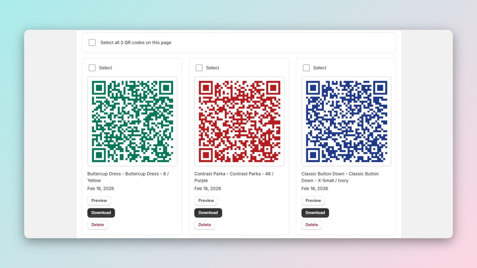 Grid view showing three colorful QR codes