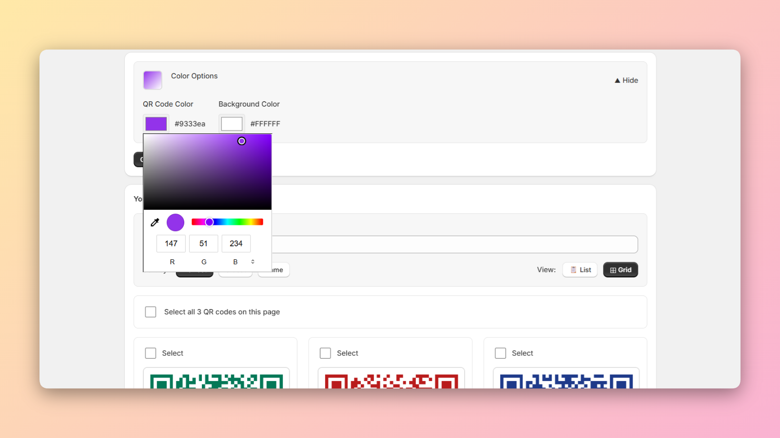 Color customization picker for QR codes