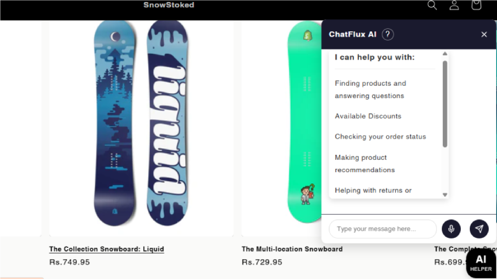 Chatbot shows menu with discounts, tracking, and suggestions