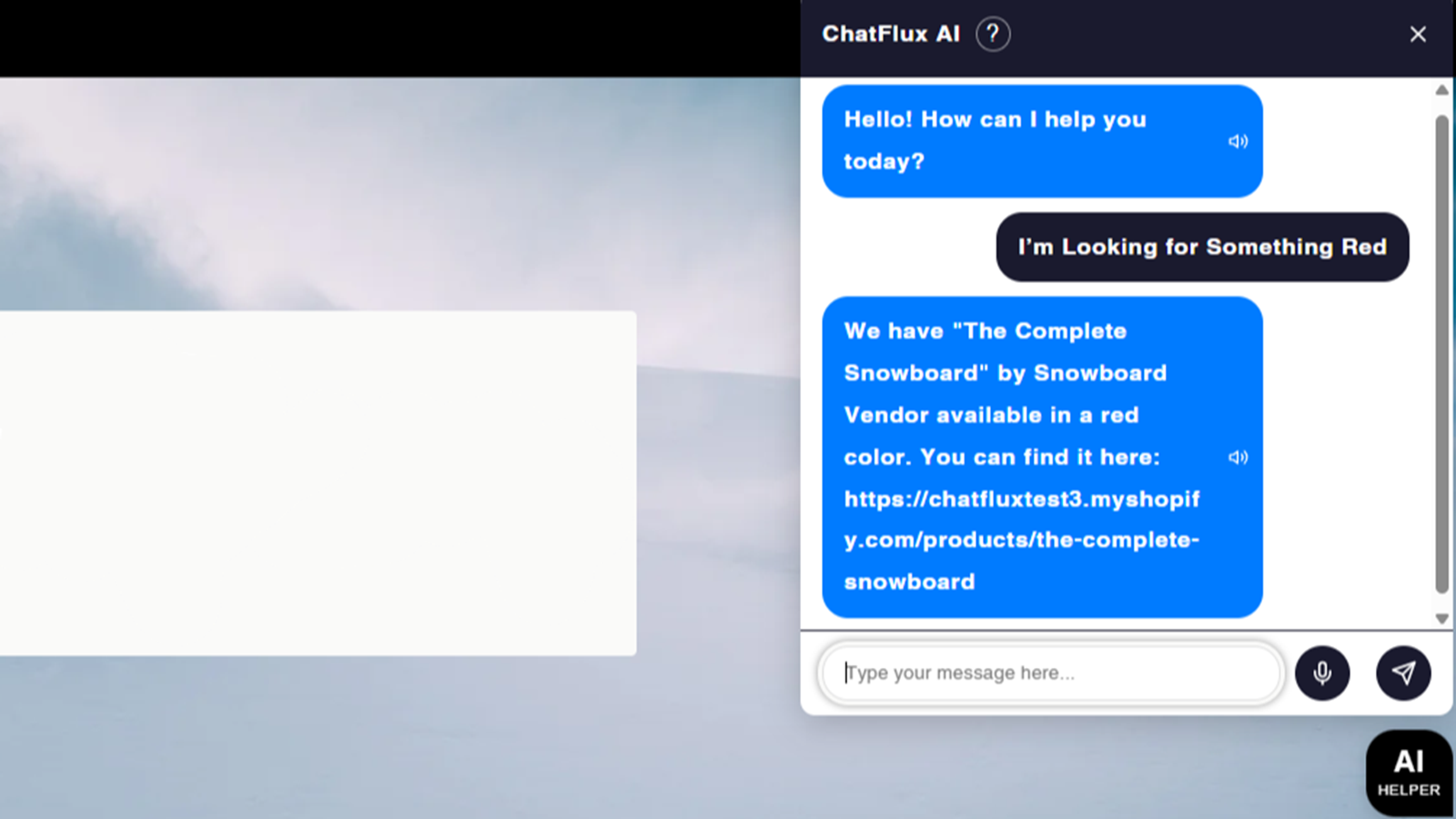 Chatbot recommends red snowboard with link to product page