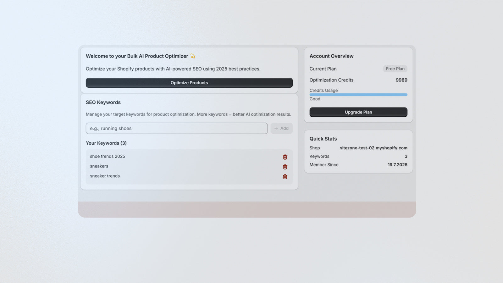 Dashboard and keyword selection on the landing page