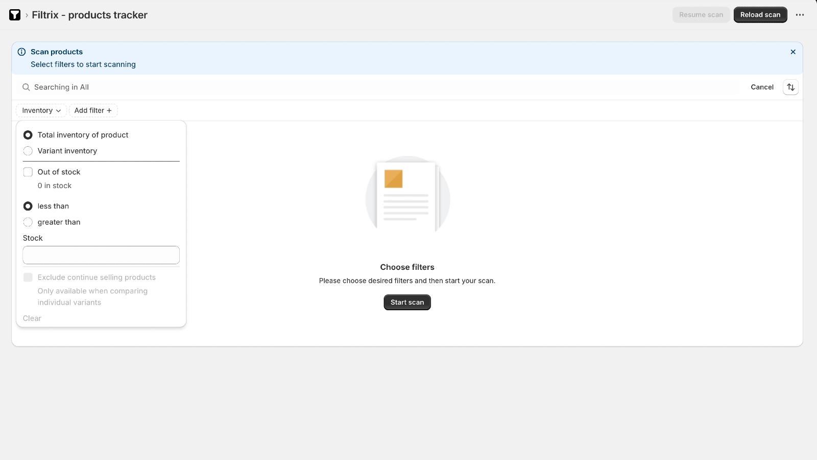 Inventory filter screenshot