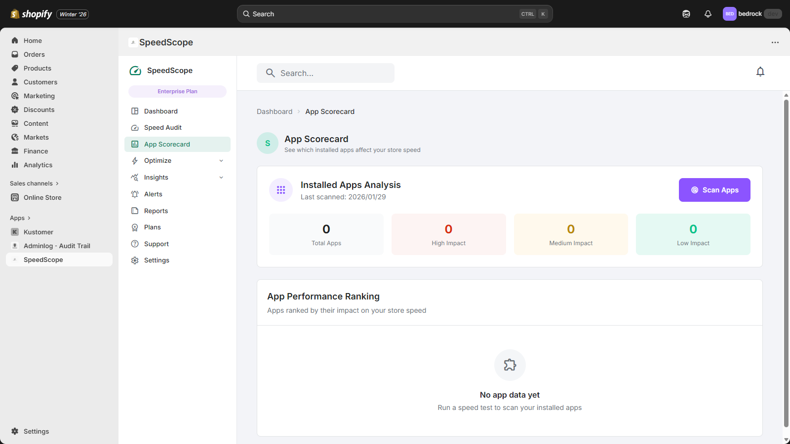 App impact scorecard grading each installed app by script size.