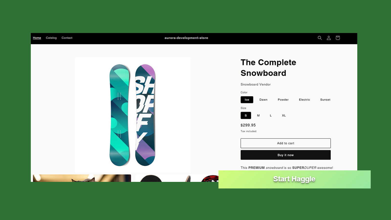 A Shopify product page with a "Start Haggle" negotiation button.