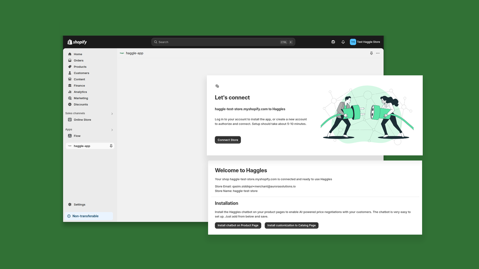 A Shopify admin panel showing the installation of the Haggle app