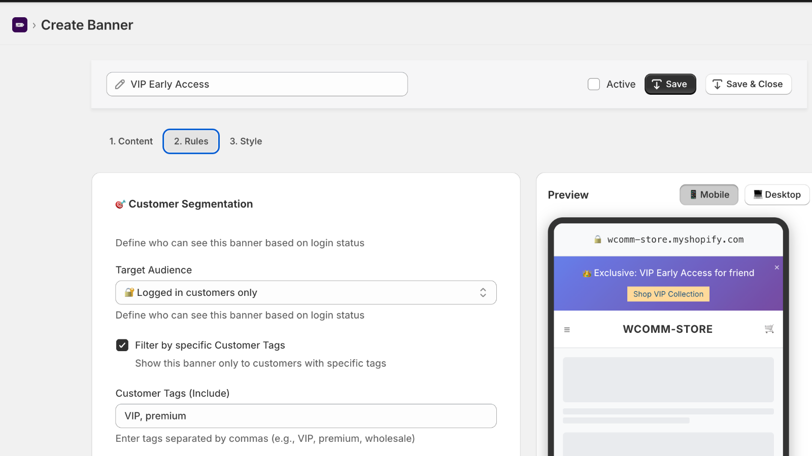 Segmentation rules for customer tags.