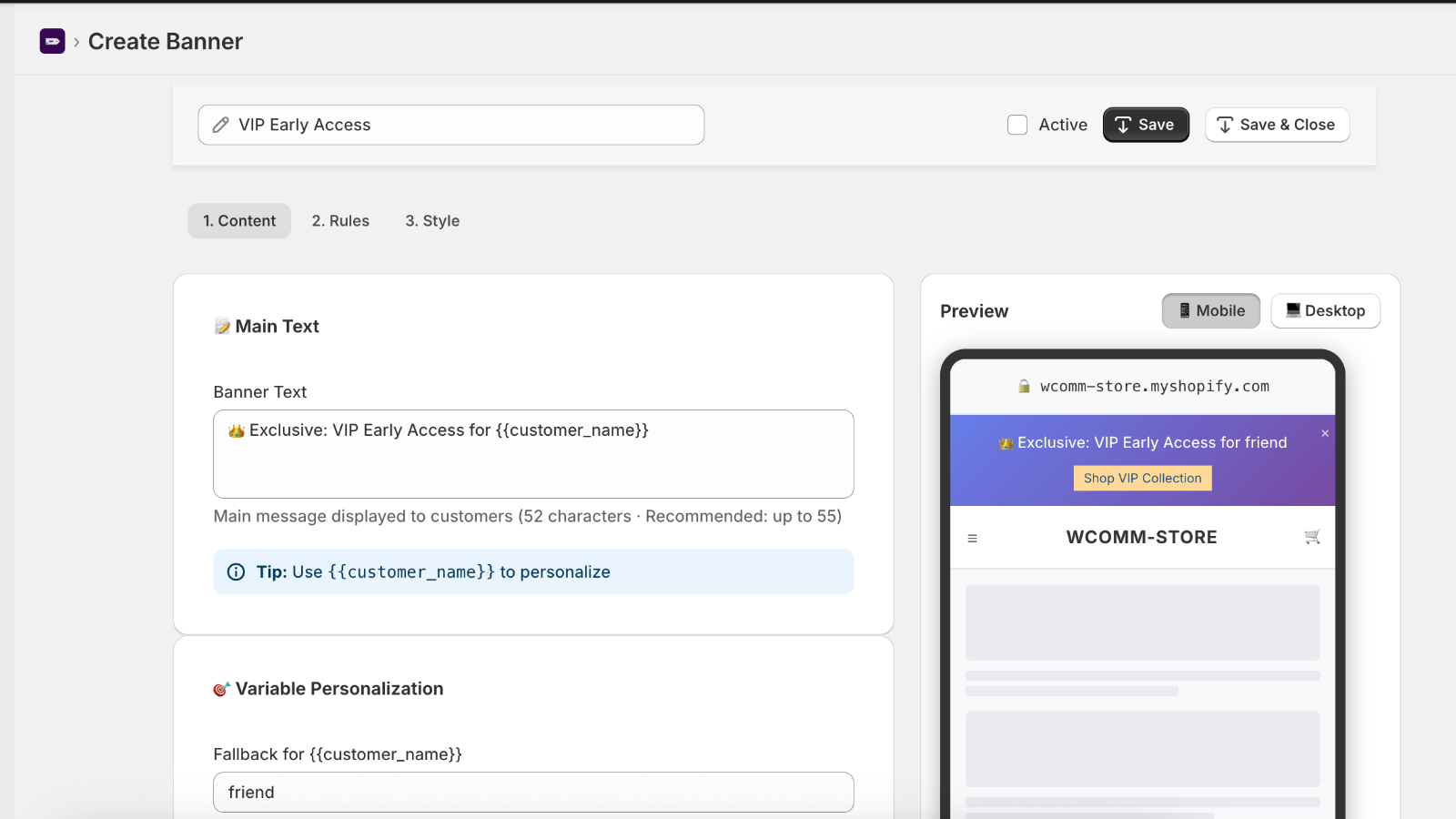 Banner editor with content personalization.