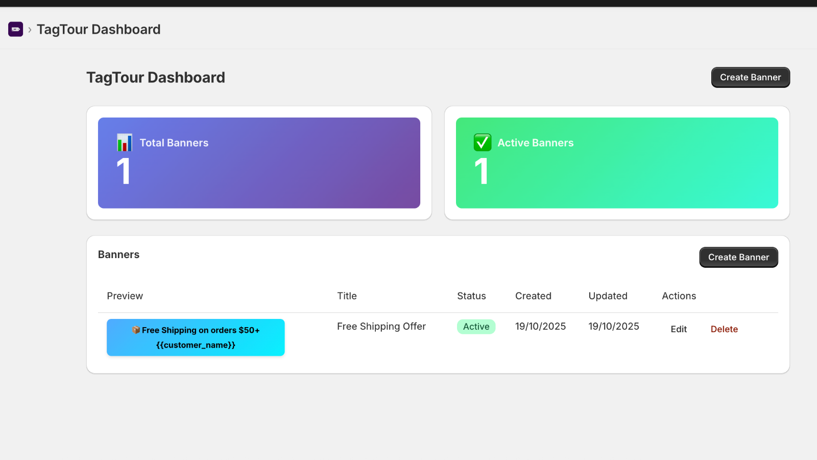 TagTour dashboard showing total and active banners overview.