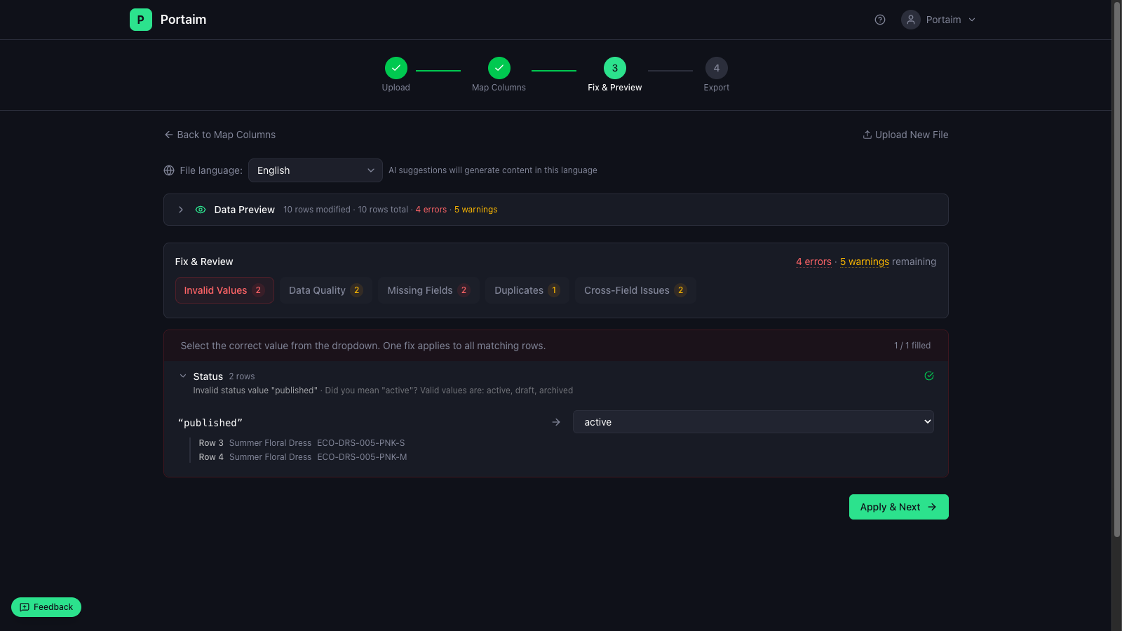 Smart suggestions fix invalid values like published to active
