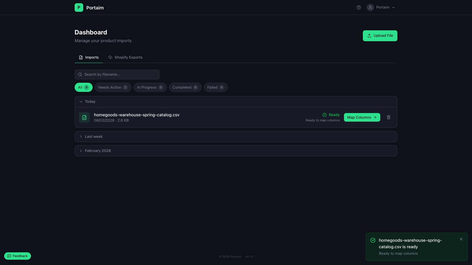 Dashboard showing import history with status filters