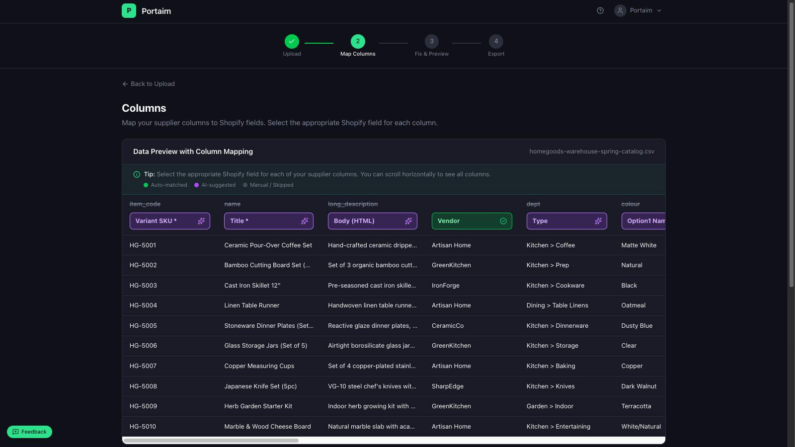 AI-powered column mapping from supplier fields to store fields
